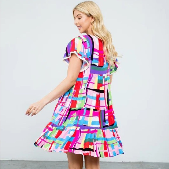 Multi Color Abstract Pattern Flutter Sleeve Dress - Picture 2 of 3